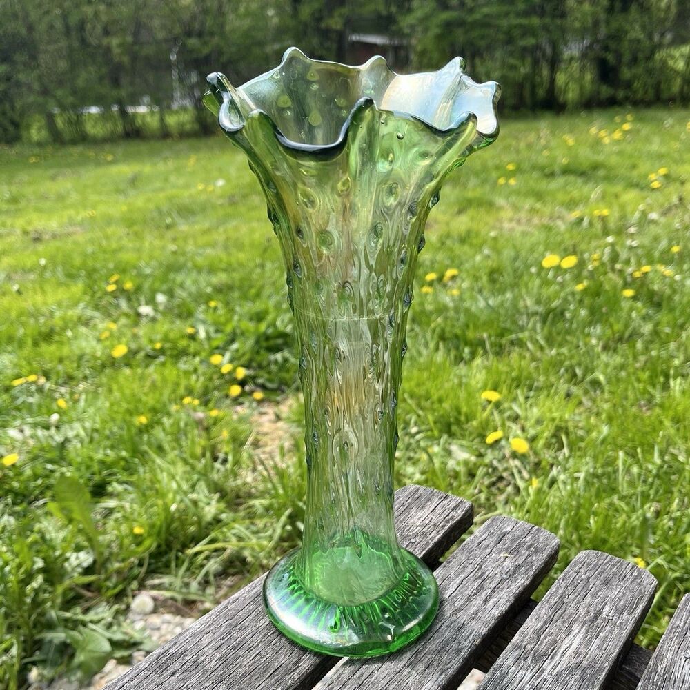 Antique Northwood Green Tree Trunk Carnival Glass Swung Vase 11”